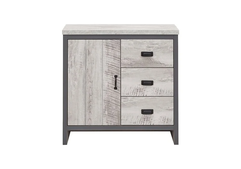 Compact grey storage cabinet with cupboard and three drawers