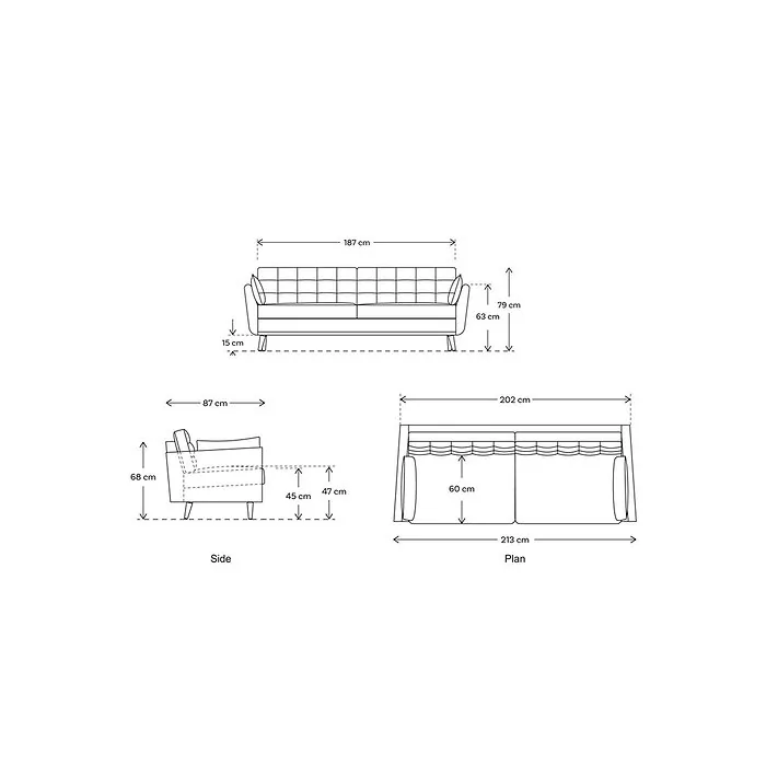 Dimensions diagram: Swyft Sofa in a Box Model 10 Linen 3 Seater Sofa
