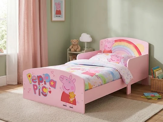 Pink Peppa Pig toddler bed with built-in safety rails