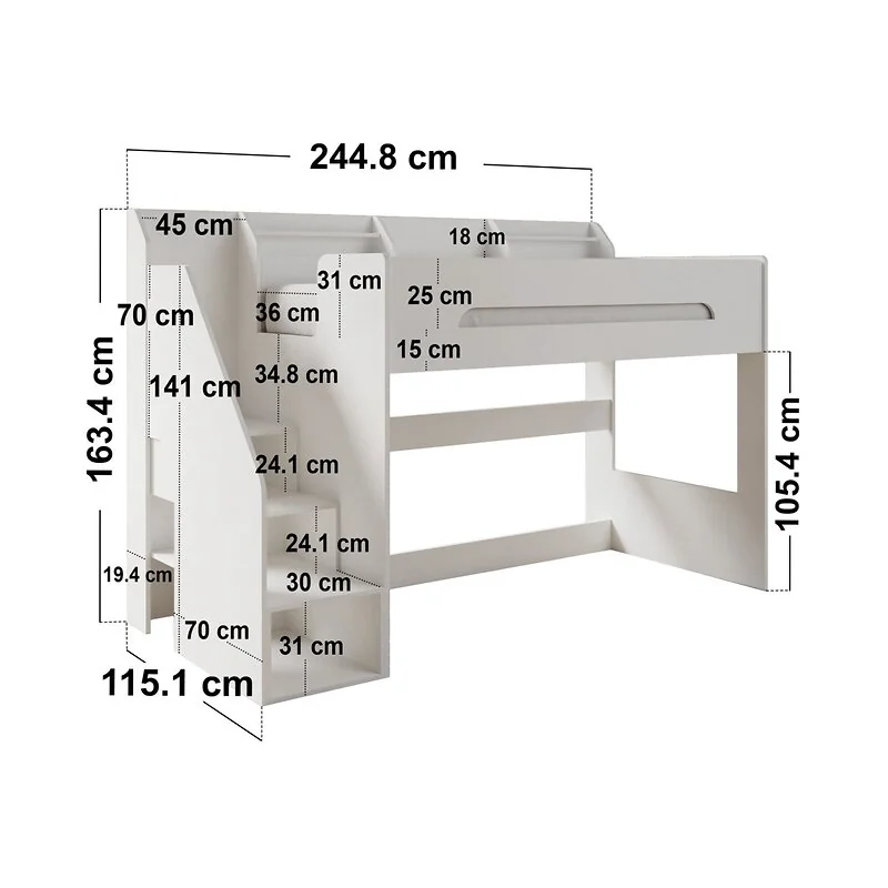 Flair Stepaside Staircase L Shaped Triple Bunk Bed White image 4