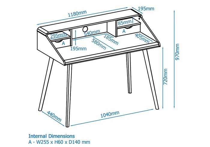 Dimensions diagram: Alphason Yeovil Desk