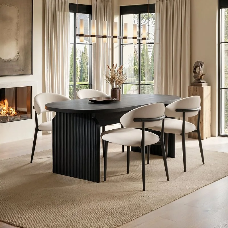 SOLACE+CO Varm & Cyra Black Dining Table Set with Beige Chenille Chairs image 2