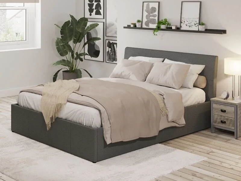 Grey upholstered storage bed with gas lift