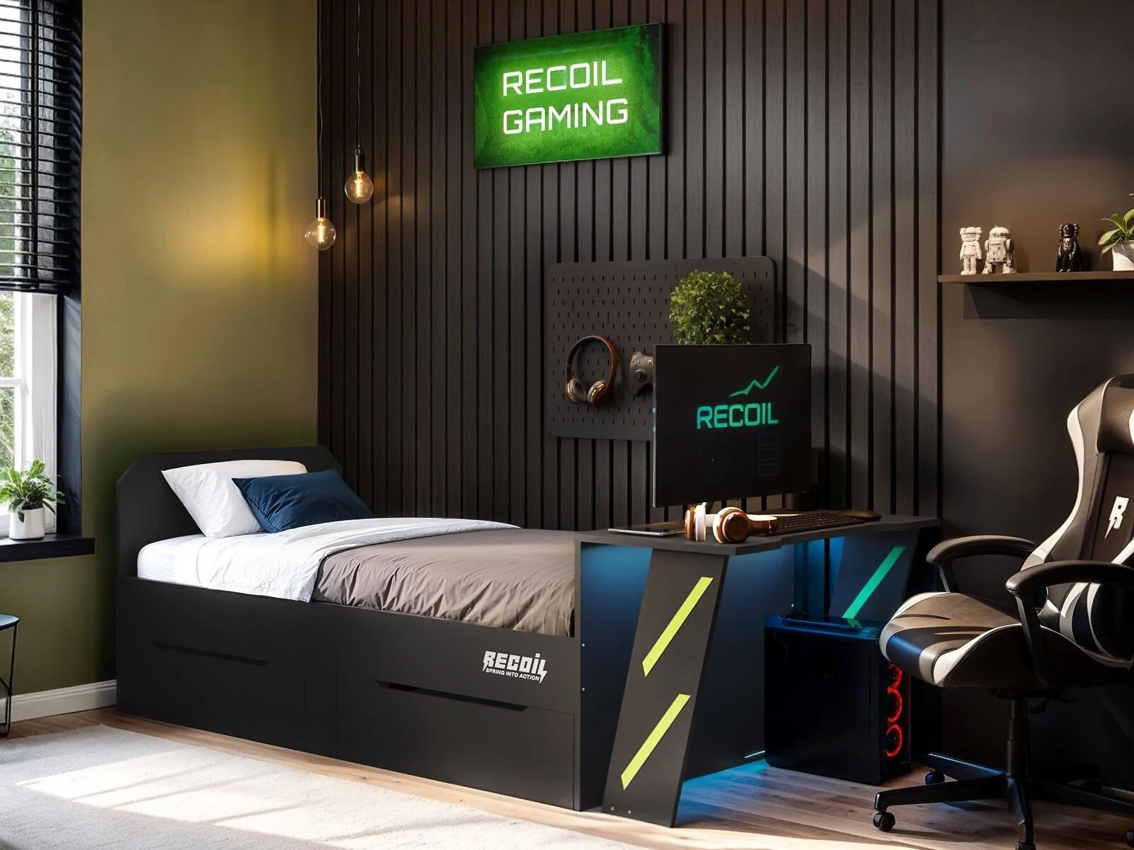 Recoil Alister Gaming Single Bed with Desk Charcoal and Green – view 8