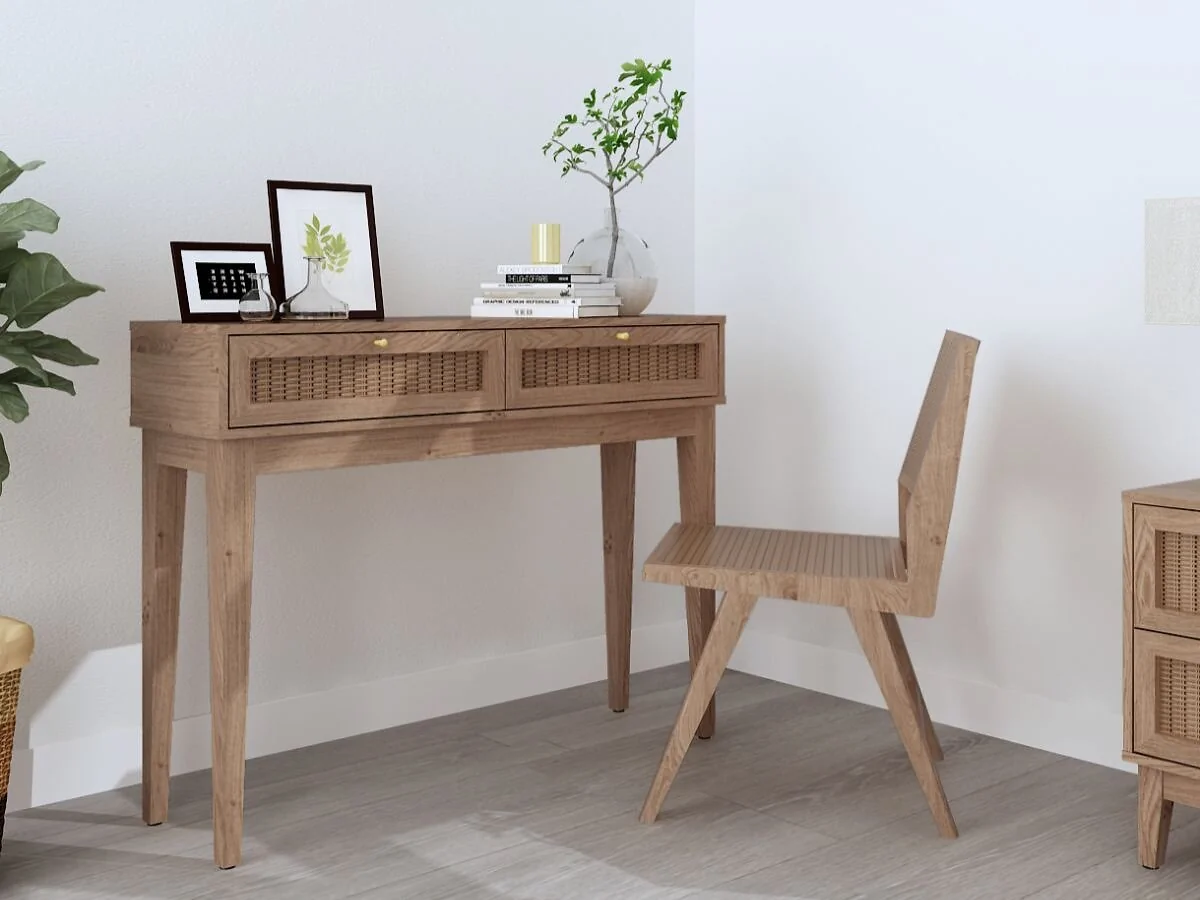 LPD Bordeaux oak dressing table with rattan drawer fronts and gold handles
