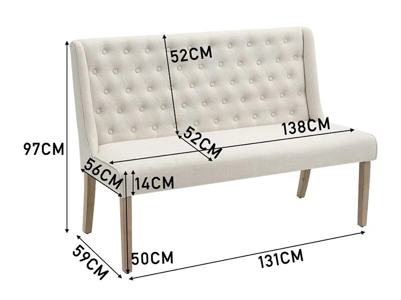 Living & Home Tufted Upholstered Dining Bench with Backrest Beige Linen Rubberwood – view 2