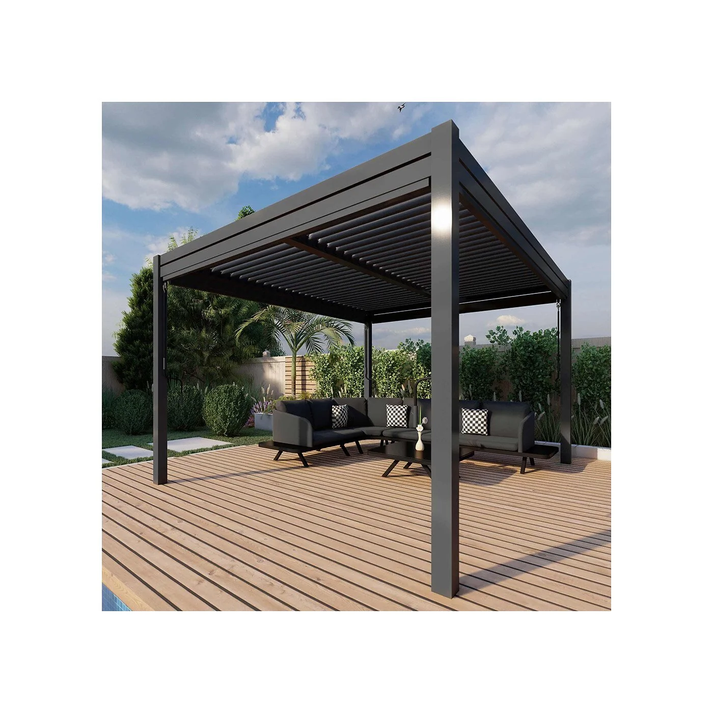 Maze Rattan 4m x 4m Pergola - 4 Drop Sides & LED Lighting
