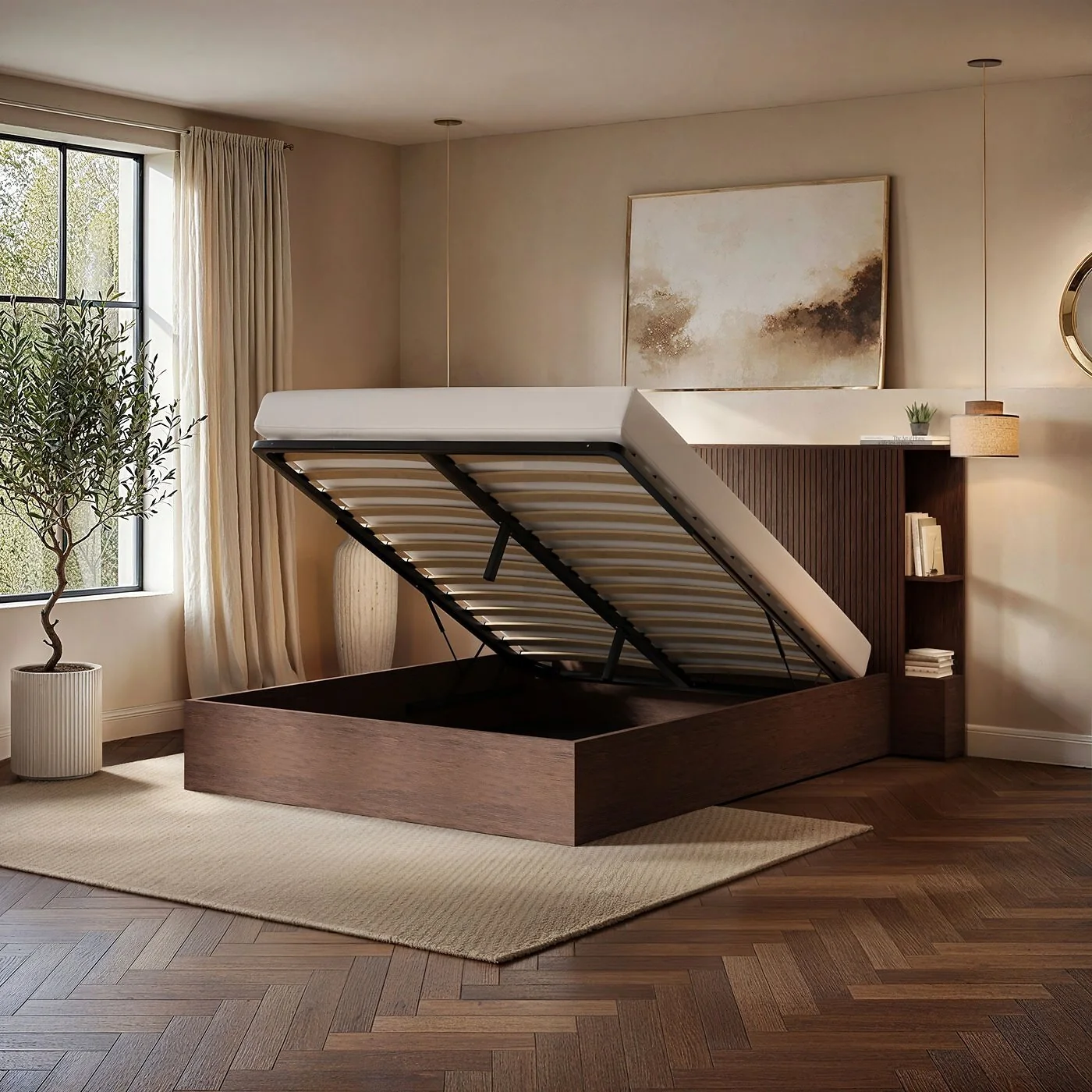 Solace+Co Zora Ottoman Bed with Headboard Shelves Walnut image 2