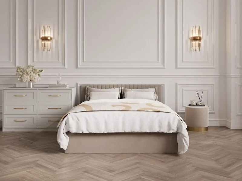LPD velvet bed with fluted headboard and under bed storage