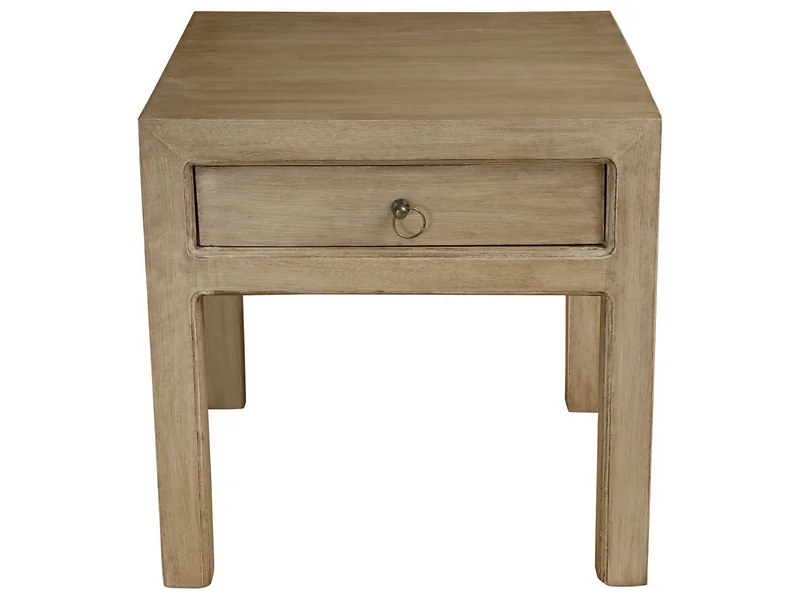 Kyoto Brodie wooden lamp table with drawer storage  brass-style handles and a square tabletop.