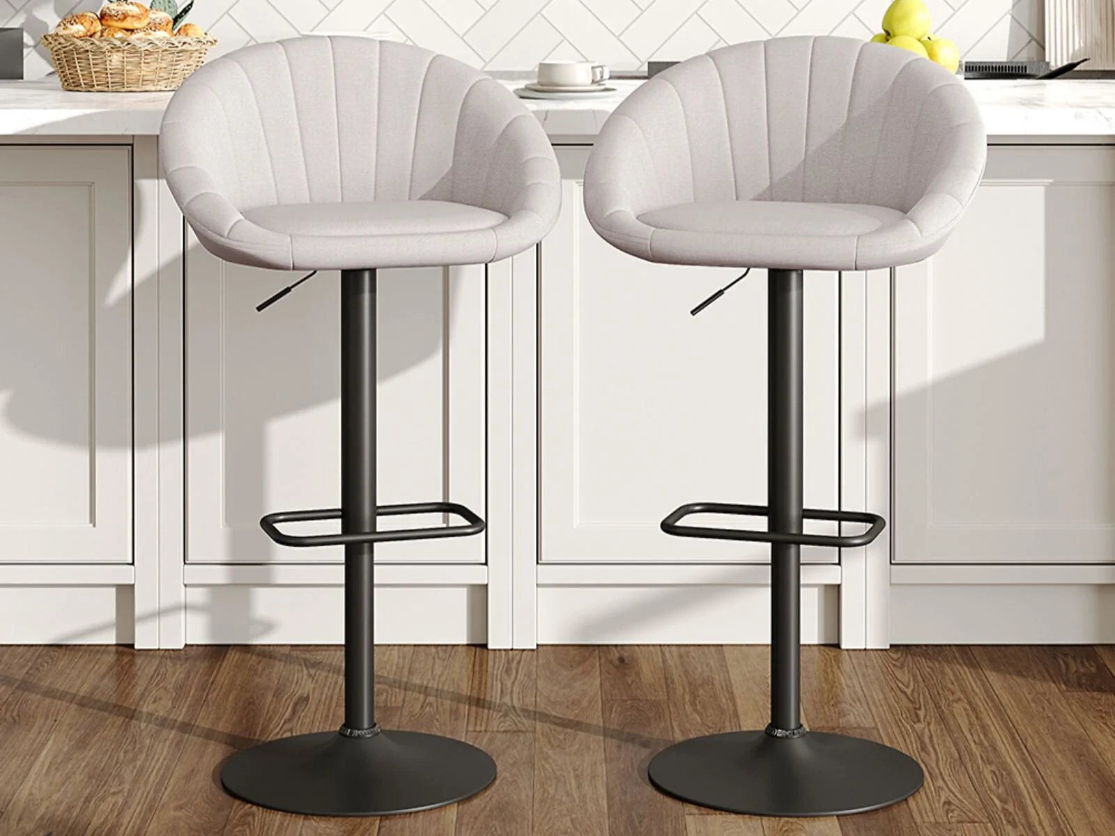 set of 2 beige linen swivel bar stools with adjustable height and black base