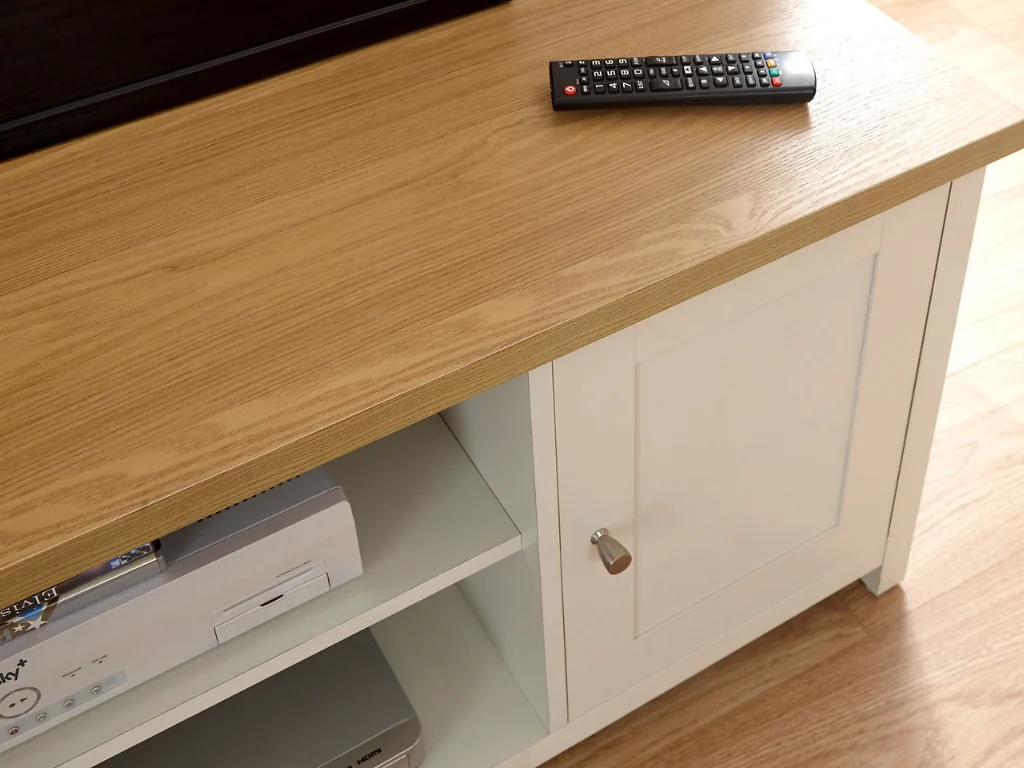 GFW Lancaster TV cabinet with cupboards and open shelves