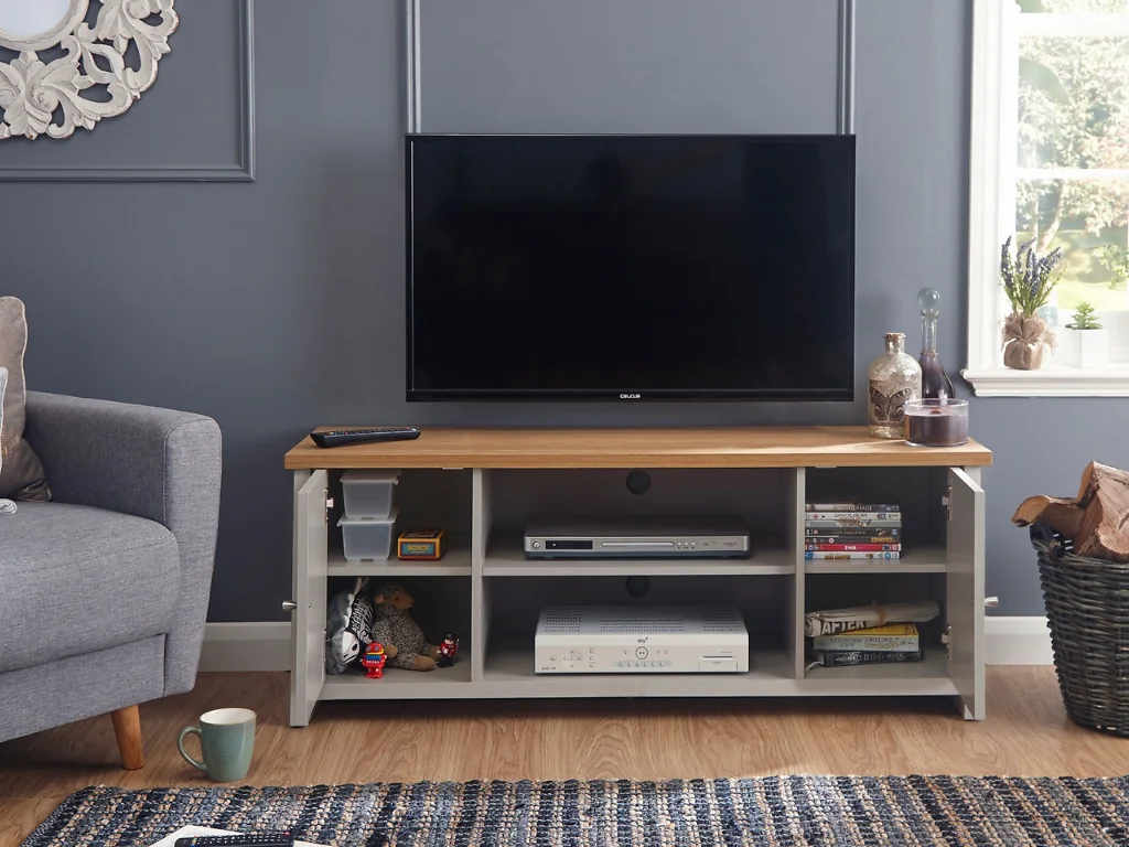 GFW Lancaster large TV cabinet with oak-effect top and grey finish