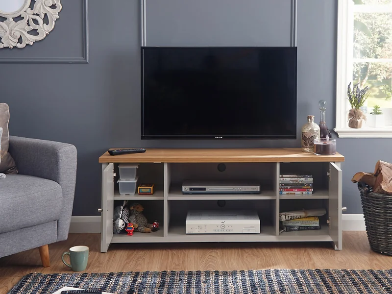 GFW Lancaster large TV cabinet with oak-effect top and grey finish