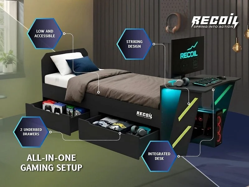 Recoil Alister Gaming Single Bed with Desk Charcoal and Green
