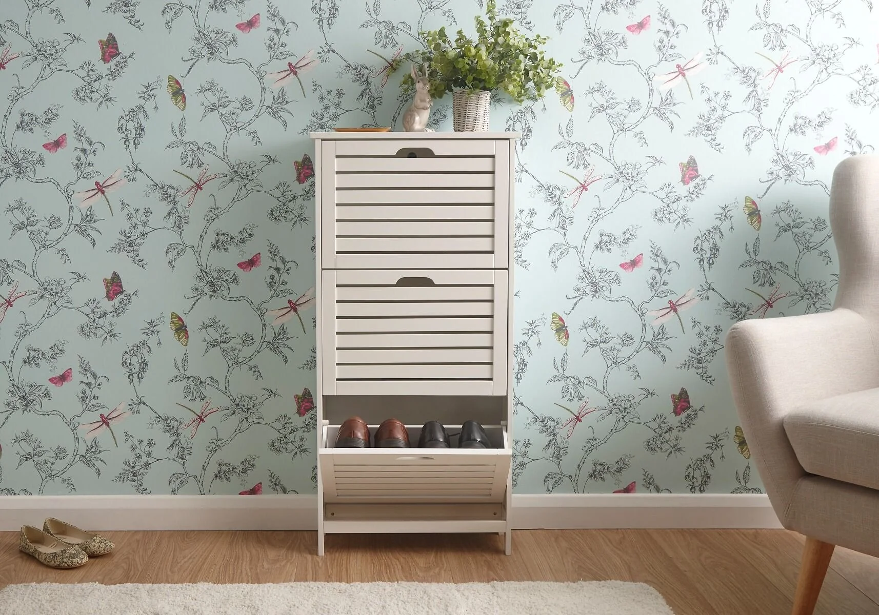 GFW Bergen three tier slim shoe cabinet with flip down compartments and slatted front design