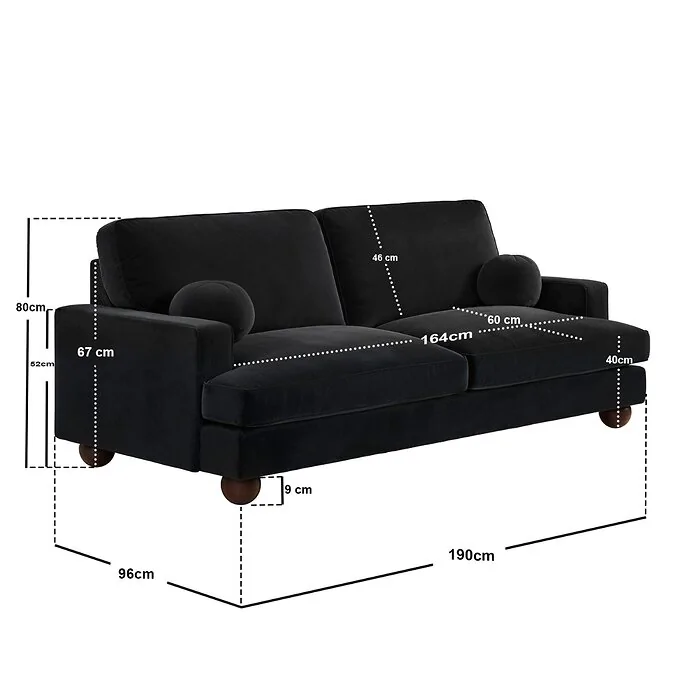 Dimensions diagram: SOLACE+CO Addison 3 Seater Sofa Black Velvet