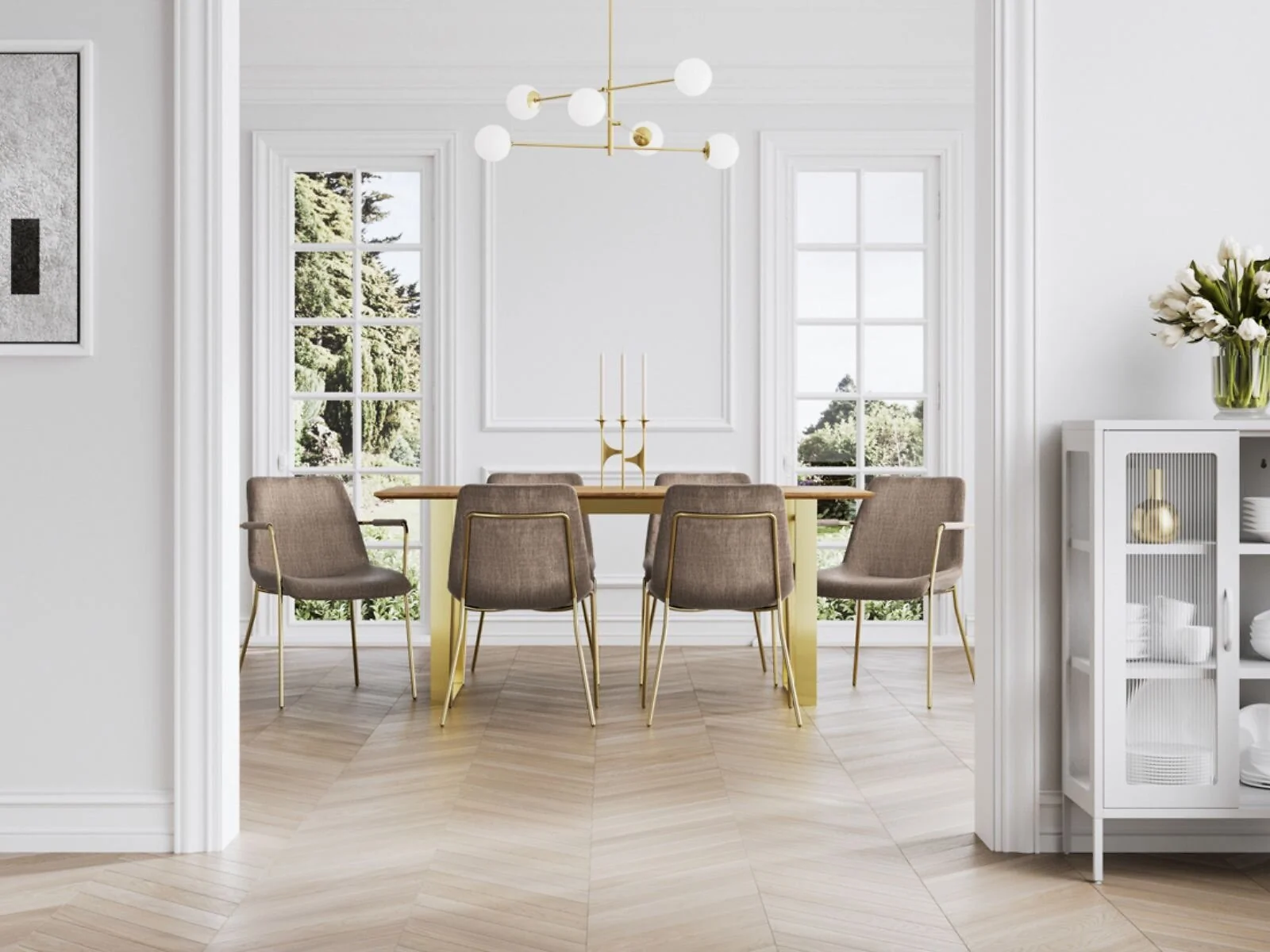 Antibes wood effect dining table with Carlo taupe velvet chairs and black metal legs