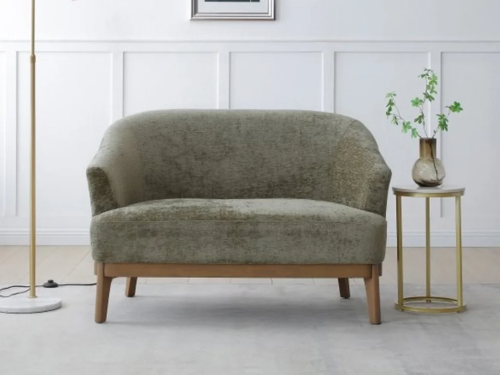 Kyoto Ella tub-style two-seater chair with chenille upholstery and antique wood plinth