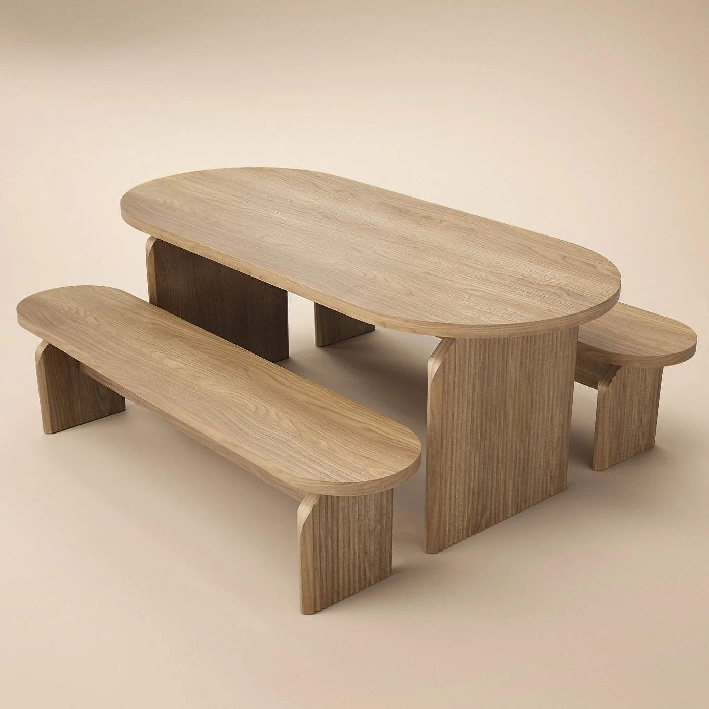 SOLACE+CO Varm Ribbed Oval Dining Table & 2 Bench Set Oak image 5