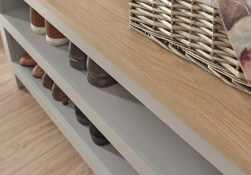 Lancaster shoe bench with open storage shelves