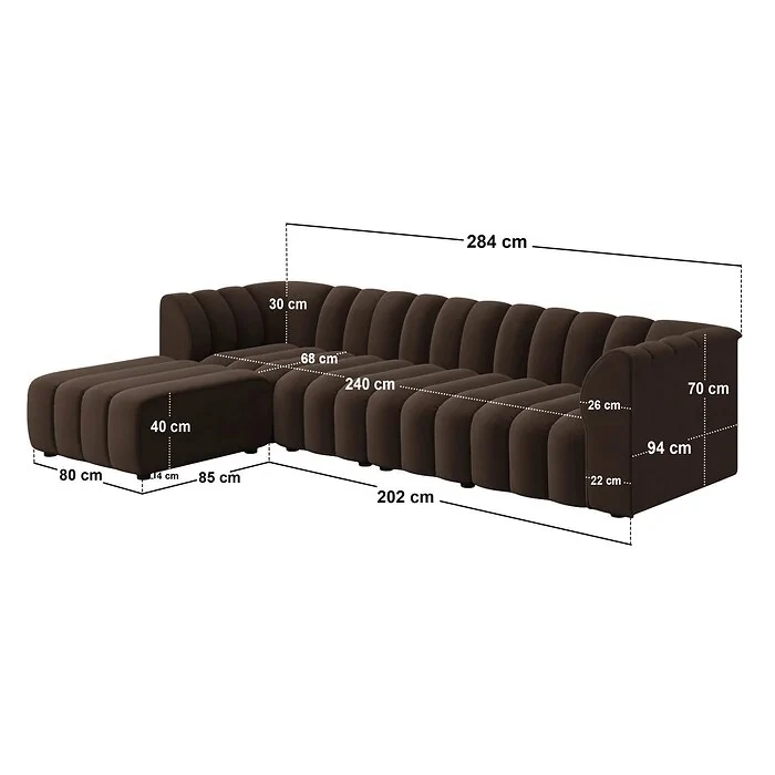 Dimensions diagram: SOLACE+CO Halle Channel Tufted 4 Seater Modular Sofa with Reversible Footstool Mocha Velvet