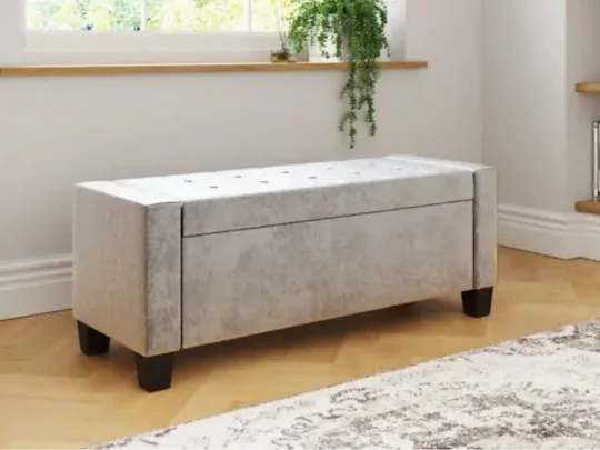 GFW Verona grey crushed velvet ottoman storage bench with deep buttoned lid and hidden storage compartment