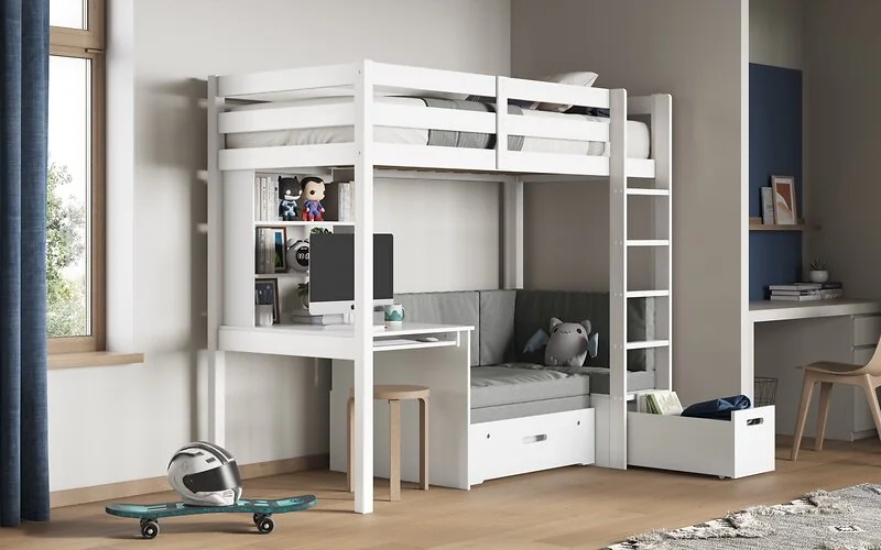 Noomi Eino White High Sleeper Bed With Futon Sofa and Desk