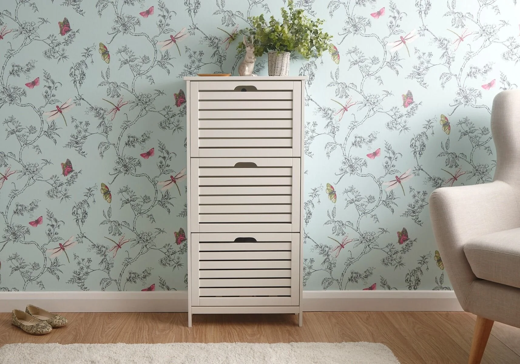 GFW Bergen three tier slim shoe cabinet with flip down compartments and slatted front design
