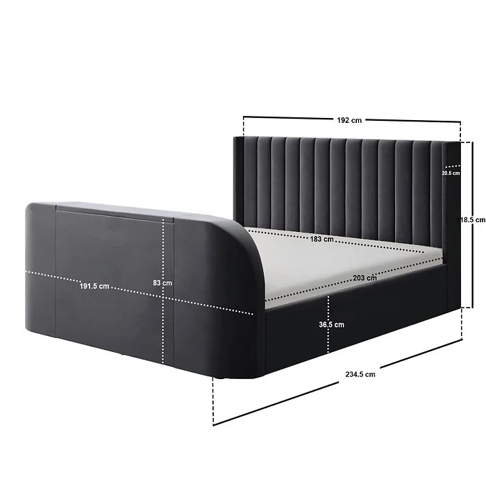 Dimensions diagram: Flair Fallon TV Side Lift Ottoman Bed Charcoal Velvet