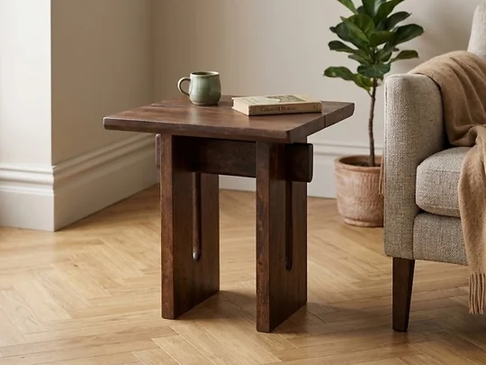 Kyoto Sidney solid acacia wood side table with a warm natural finish and clean Japandi-inspired lines.
