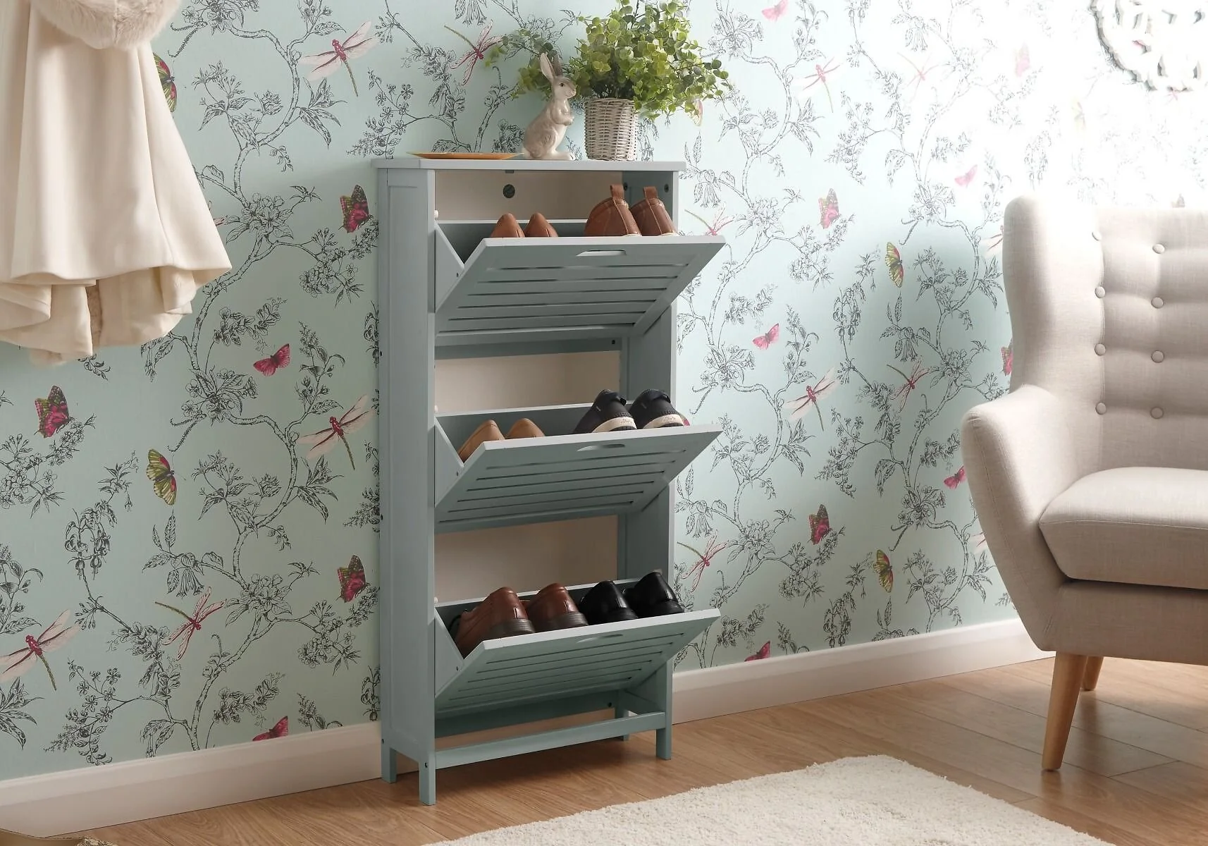 GFW Bergen three tier slim shoe cabinet with flip down compartments and slatted front design