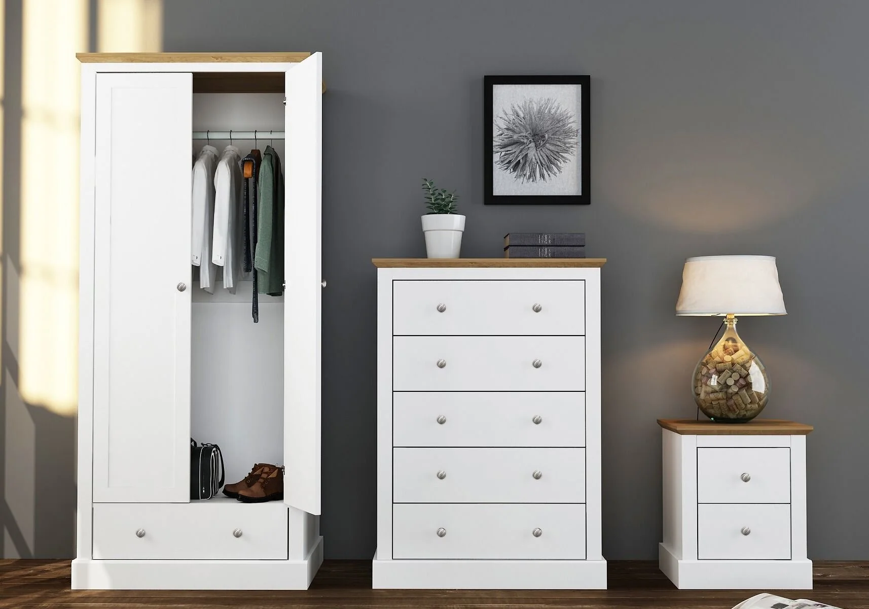 LPD Devon 2 Door 1 Drawer White & Oak Wardrobe