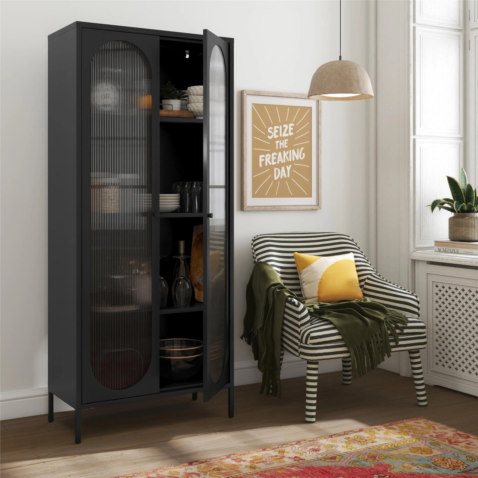 Dorel Luna T Accent Cabinet 2D Fluted Glass Black view 4
