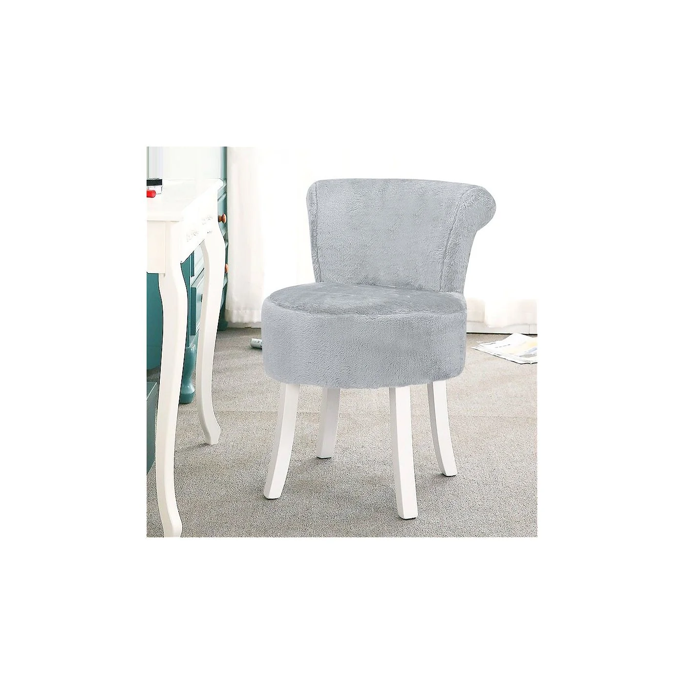 Living & Home Modern Plush Upholstered Dressing Table Chair with White Legs image 2