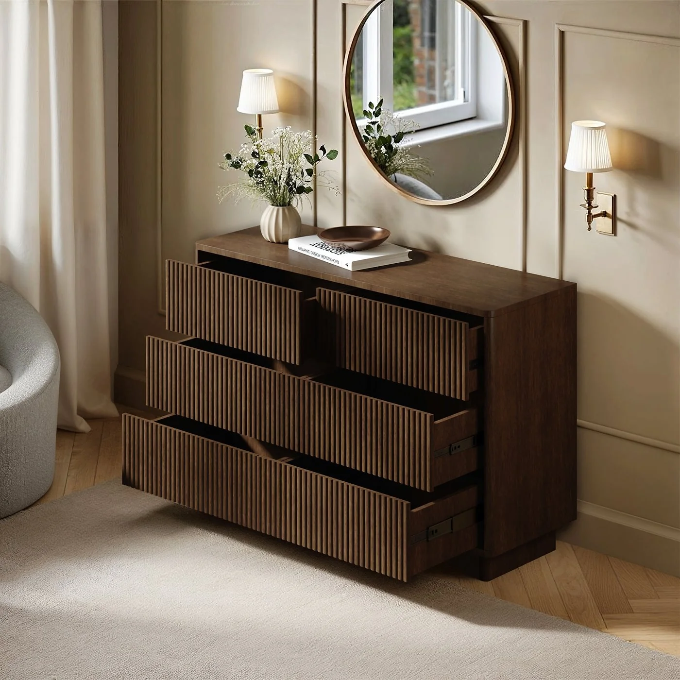 SOLACE+CO Velmor Ribbed Chest of 6 Drawers Walnut image 3