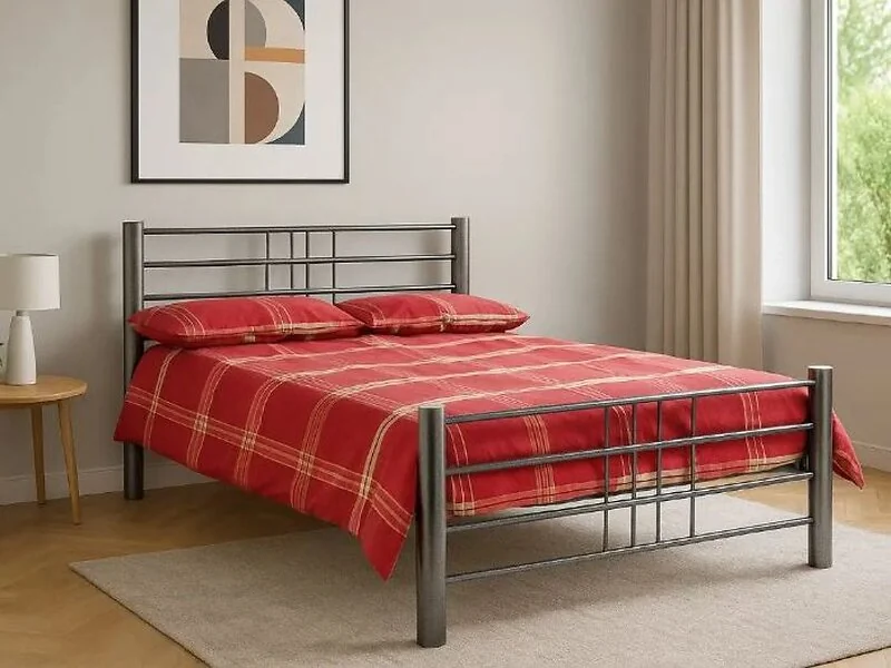 Heavy-duty steel bed frame with mesh base and modern design