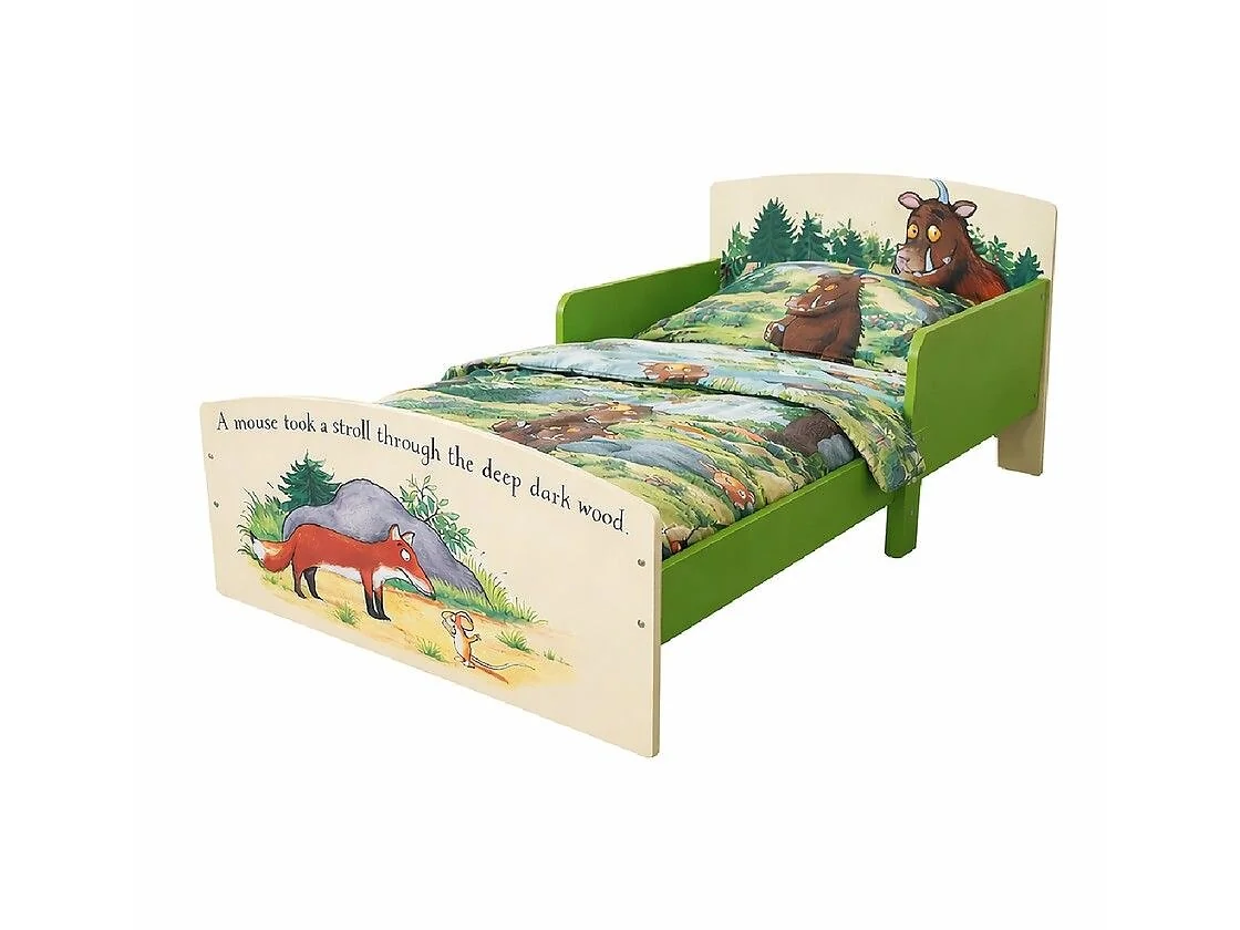 Kids Gruffalo toddler bed frame with safety rails and woodland illustrations