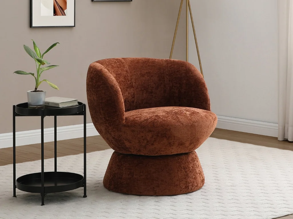 Kyoto Tulip swivel tub chair with soft chenille upholstery and a fully upholstered swivel base.