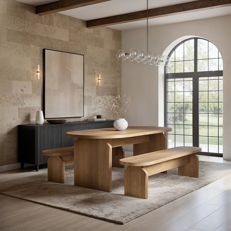 SOLACE+CO Varm Ribbed Oval Dining Table & 2 Bench Set Oak image 2