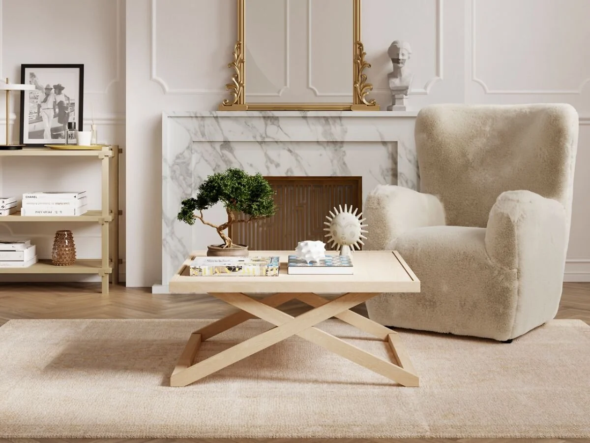 Small oak coffee table with X frame base and tray top in modern living room