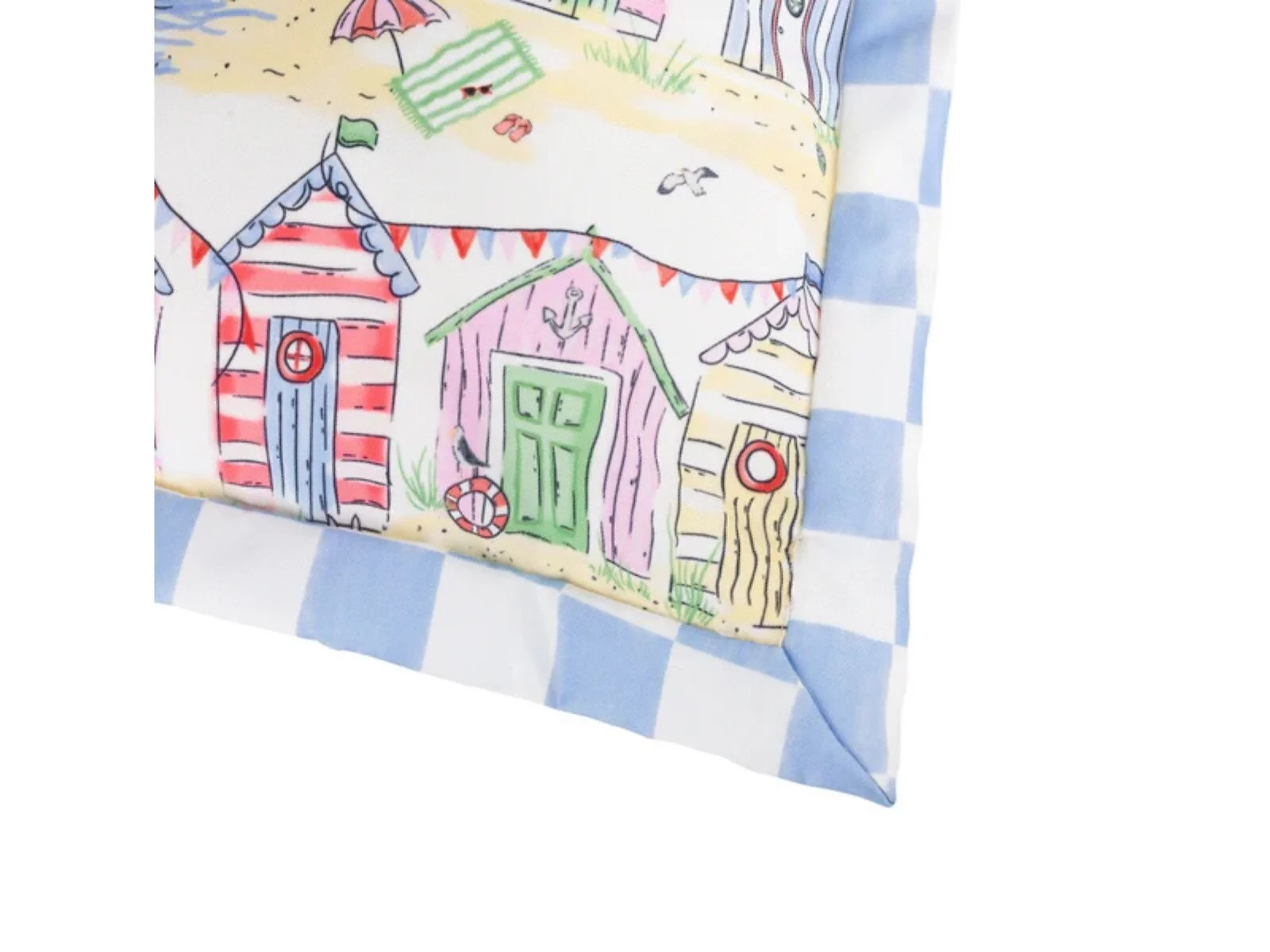 Furn Beach Huts multi outdoor cushion with British seaside scene and gingham reverse