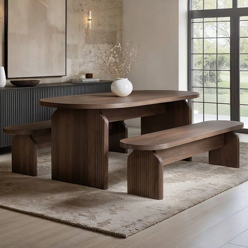 SOLACE+CO Varm Ribbed Oval Dining Table & 2 Bench Set