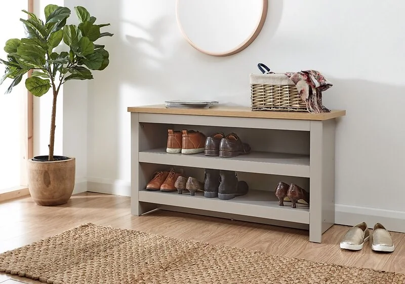 GFW Lancaster shoe storage bench with oak-effect top