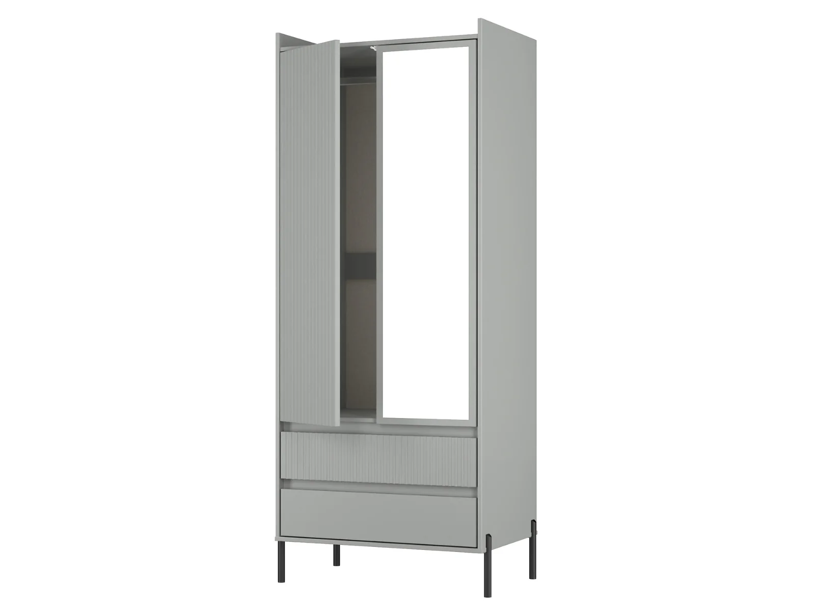 Modern narrow wardrobe with mirror and fluted drawer front