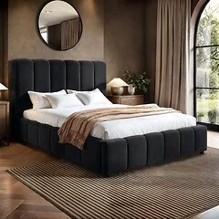 SOLACE+CO Emilie Ribbed Ottoman Bed Black Velvet