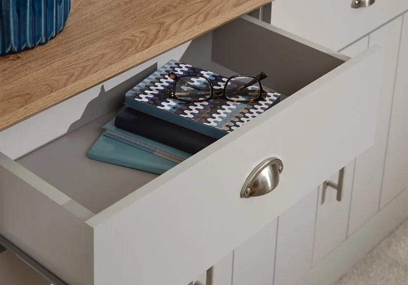 large storage cabinet with shelves and drawers