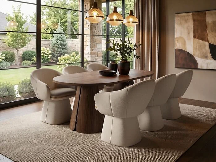 Ebony walnut-effect dining table with six beige Sylvia chairs