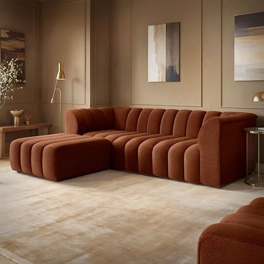 SOLACE+CO Halle Channel Tufted 3 Seater Sofa with Footstool Burnt Orange Chenille