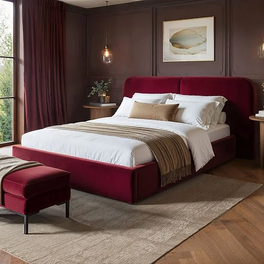 Solace+Co Lena Ottoman Bed Burgundy Velvet